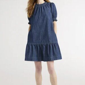 Free Assembly Women’s Denim Ruffle Mini Dress with Puff Sleeves